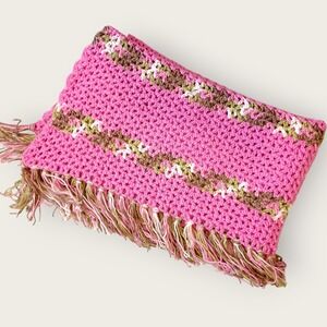 Handmade Pink Brown Crochet Blanket‎ Throw Fringe Stripes Soft Cozy Home Decor